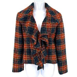 Anthropologie Tabitha Moretown Orange Blue Plaid Wool Blend Ruffle Jacket Size 2